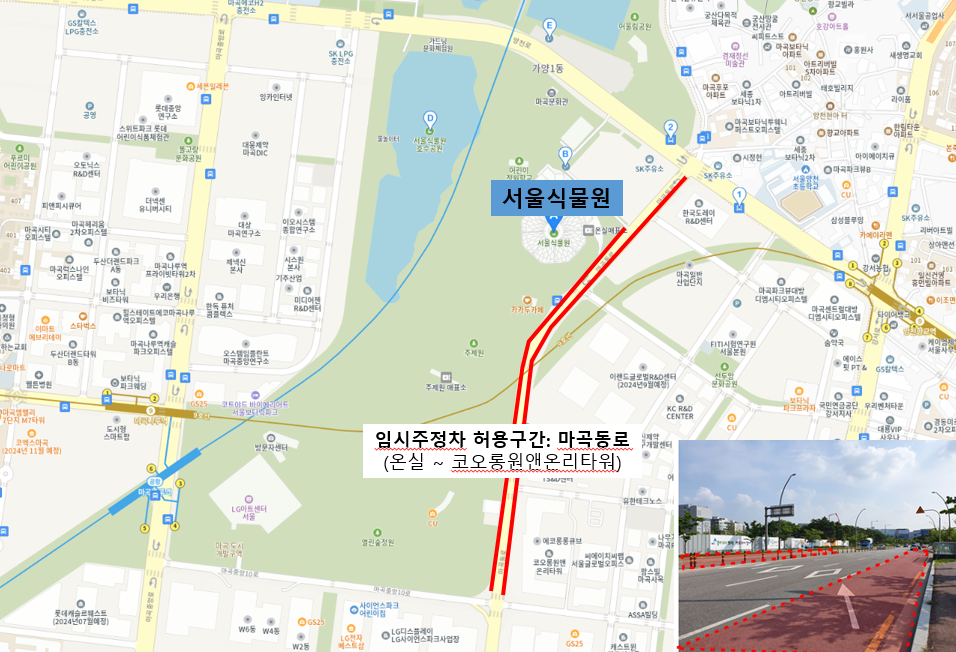 어린이날 연휴, 해봄축제 마곡동로 양측 3차선 주차허용 이미지, 임시주정차 허용구간: 마곡동로(온실~코오롱원앤온리타워)